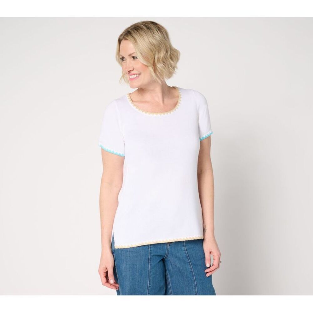 Belle by Kim Gravel Women's Top Sweater Sz L Color Crochet Trim White A683703